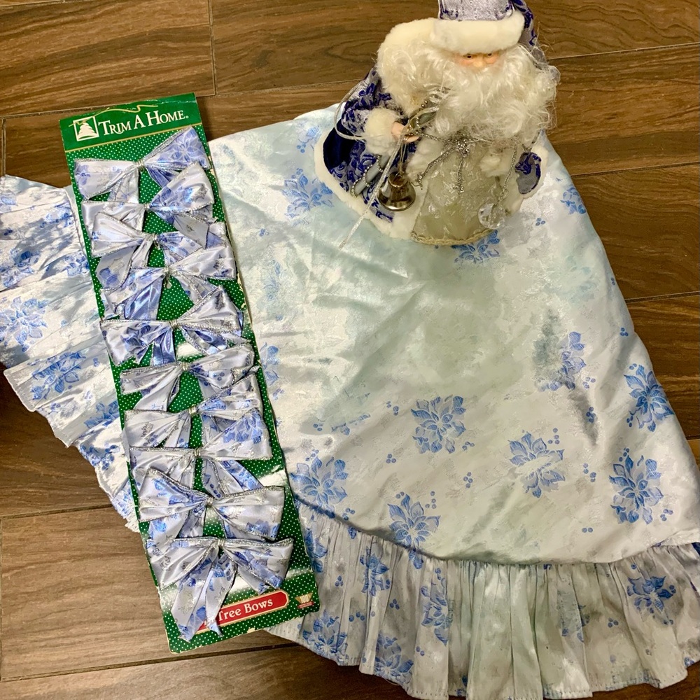 Blue and White Christmas Tree Skirt, Bows & Santa Topper Decor